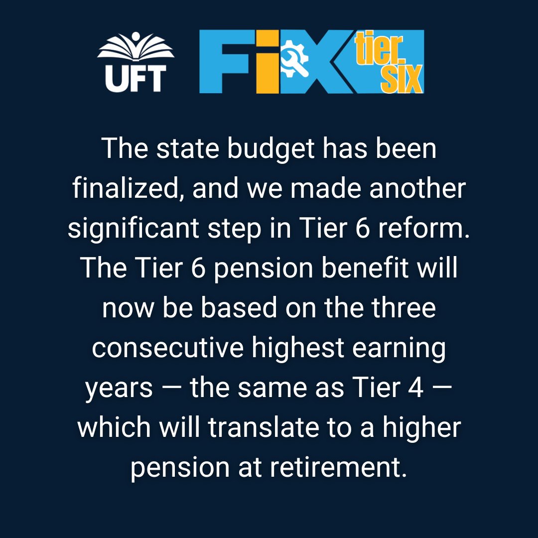 UFT's tweet photo. Before now, final average salary for Tier 6 was based on the top five consecutive earning years. This improvement to Tier 6 marks another win in what we hope will be a series of changes that will add up to substantial reform to Tier 6. But we have a lot more work to do. https://t.co/wZqPtg1zpF