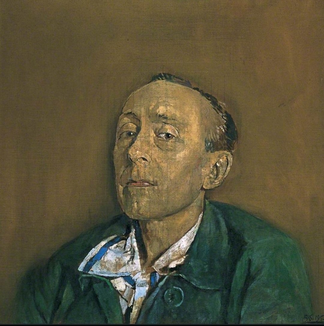 In this 1956 portrait by Graham Sutherland, the greater portion of the canvas is filled with the novelist and music critic Edward Sackville-West's head and shoulders; the closeness magnifies the sense of familiarity between the viewer and the viewed.