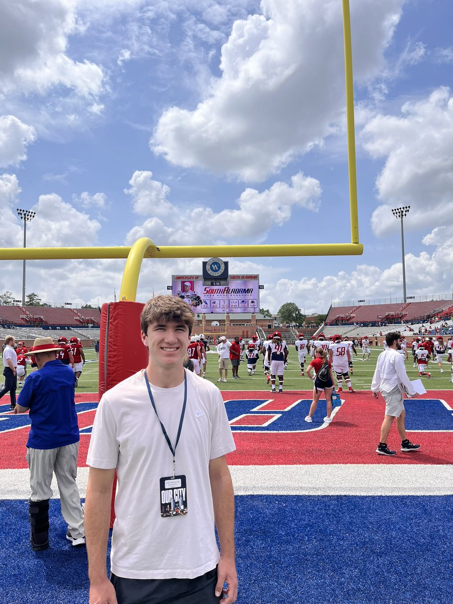 Had a great visit to @SouthAlabamaFB at their spring game today. Thanks to coach @Trew30_ and @ericponio for having me out! @_Mike_McCabe @FootballOmhs @OneOnOneKicking