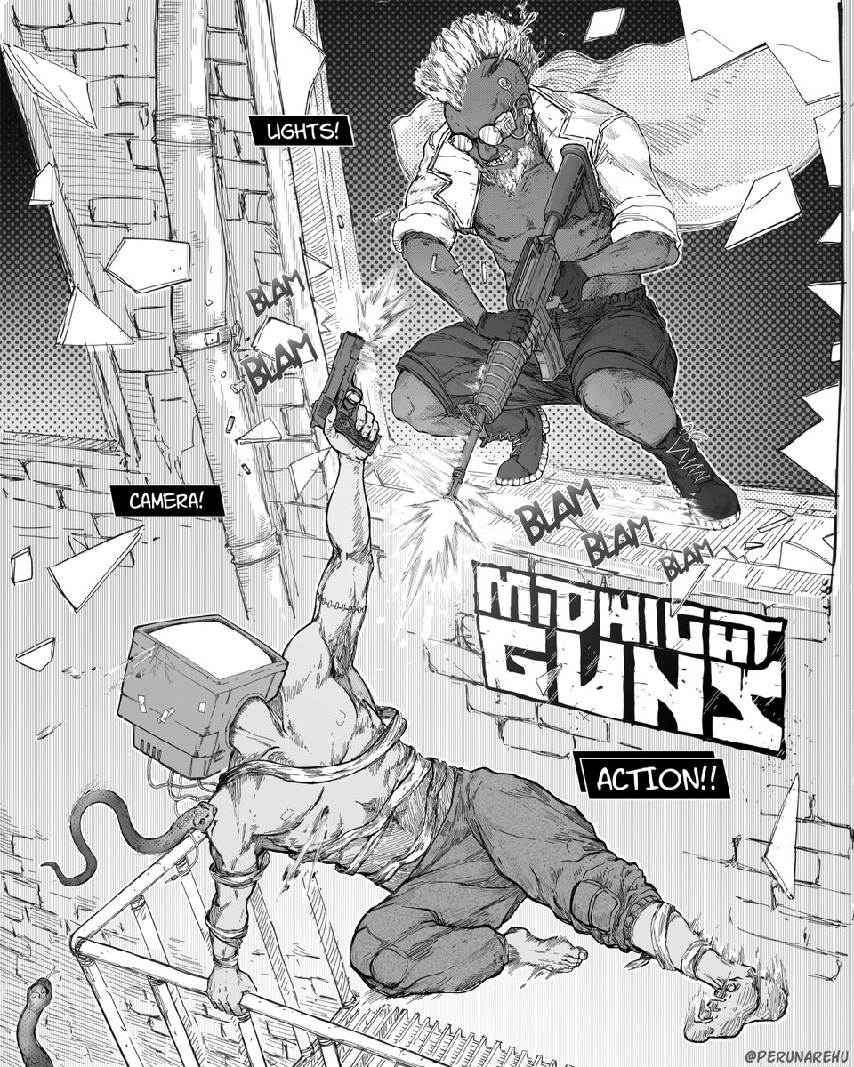 Huge shoutout to .<a href="/riisiwaan/">Perunarehu</a> for this gorgeous piece. Just makes me wanna jump around and shoot stuff! (ingame, of course)

#indiedev #gamedev #midnightguns