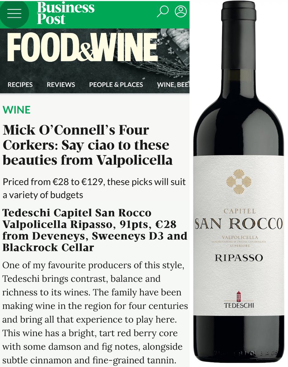 💡Cheers to @wine_philosophy for shining a light on the excellent Ripasso Valpolicella (only 3,1g/L sugar 👌) in the @businessposthq 🍷@TedeschiWines