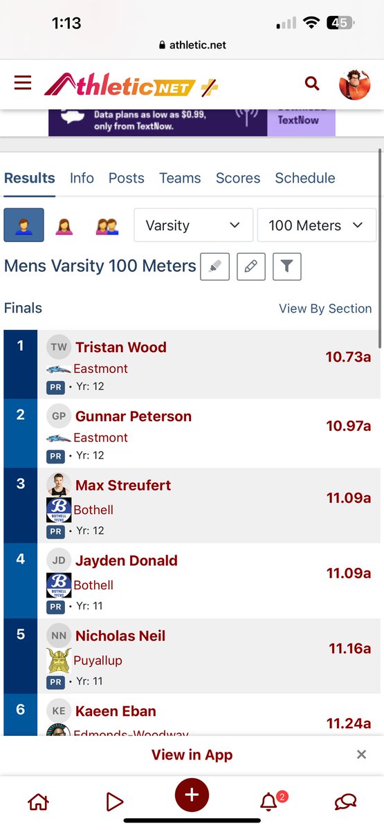 Tristan Wood with another big PR and <a href="/Gunnarp12/">Gunnar Peterson</a> out showing all the Big schools what they missed out on. 10.97 at 195lbs. He is going to be special in college!