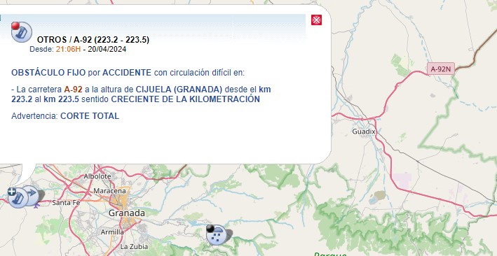 ⚠️ATENCIÓN‼️: corte total de la autovía A-92 en Cijuela, #Granada sentido Sevilla (km 225). ➡️Si circulas por una zona próxima, sigue indicaciones de operativos y paneles informativos. ➡️Evita desplazamientos por carretera con ⛈️, salvo que sean estrictamente necesarios