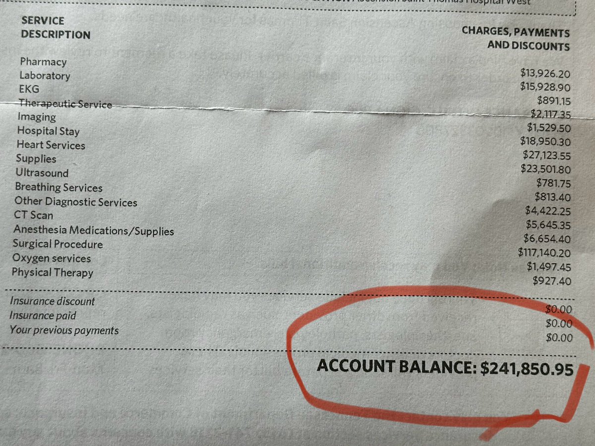 Here’s the cost of a heart attack and its resulting surgery. PS- This does NOT include charges from either doctor, the helicopter emergency evacuation, six weeks of cardiac rehab, or three months of lost wages.