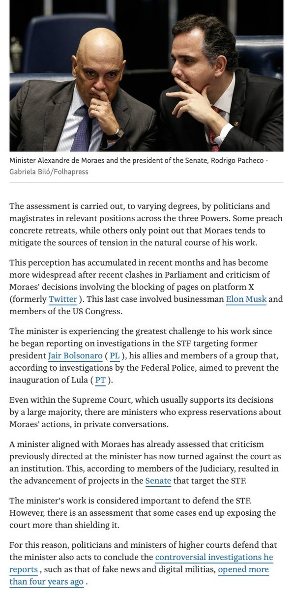 Opposition To Brazilian Supreme Court Justice Alexandre De Moraes Is Growing, Reports The New York Times Of Brazil 'Members of Congress' and the Lula government 'who usually support Moraes' actions now admit repairs and recognize, behind the scenes, the need for adjustments,'