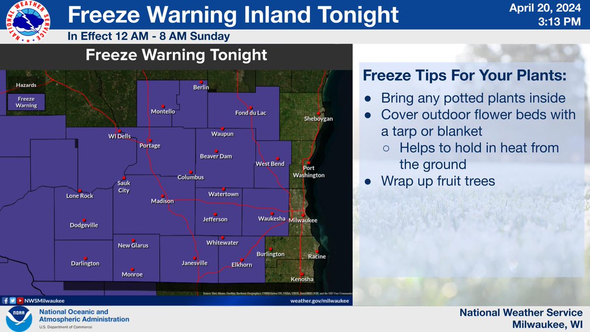 Low temps are forecast to drop to/below 32 over inland areas after midnight tonight. A Freeze Warning is in effect between 12 AM & 8 AM Sunday for all inland counties across southern WI. Bring potted plants indoors, and be sure to cover any vegetation that will remain outside.