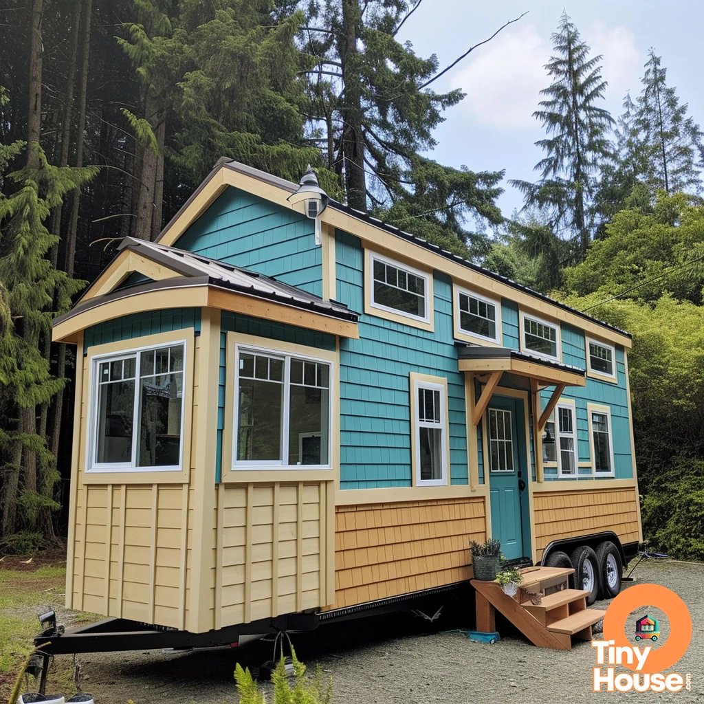 Check out this gorgeous tiny house on wheels in Coastal design style!  The beige and blue color palette gives it a serene and beachy vibe. What's your favorite design element? Would you incorporate any of these into your own home? #tinyhouse #coastaldesign #beachvibes