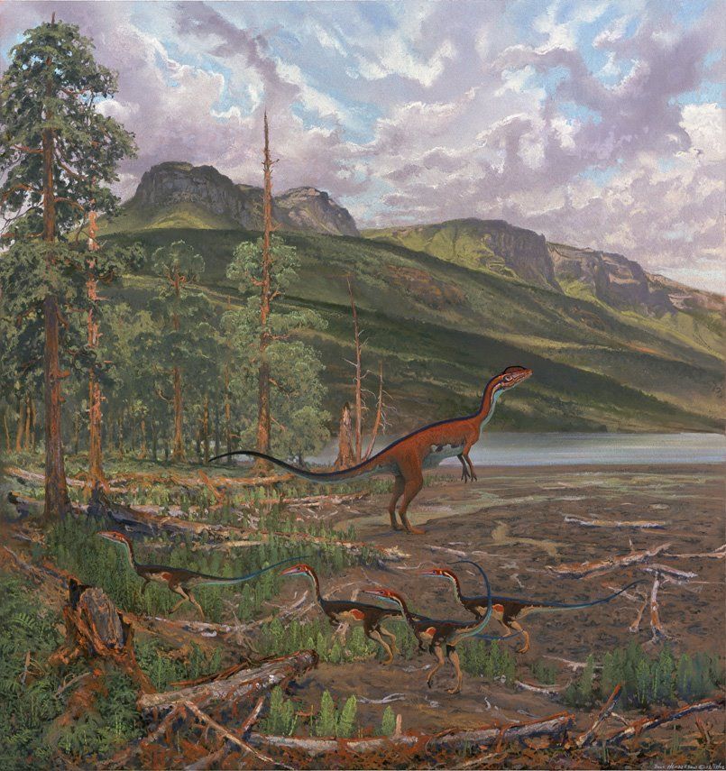 Four random pieces of nostalgic palaeoart! Jim Robin's Corythosaurus and Tyrannosaurus Kazuhiko Sano's Brachiosaurus Todd Marshall's Zuniceratops Douglas Henderson's Dilophosaurus and coelophysoids