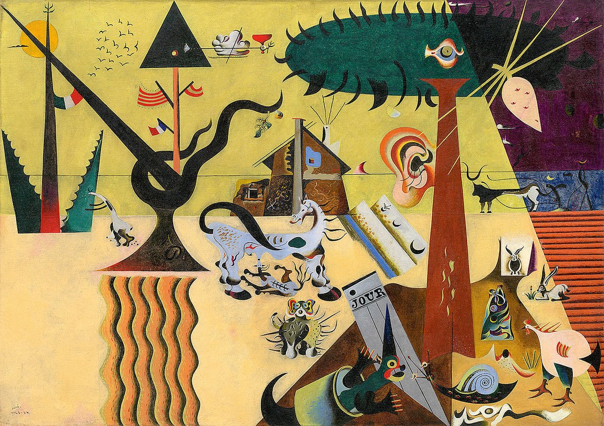 #JoanMiró, born #OTD in 1893, crafted whimsical and dreamlike artworks. His style fused abstract forms with playful color and line. This work, depicting his family’s farm in Catalonia, is the first example of Miró’s Surrealist vision. 🎨: Joan Miró, 'The Tilled Field,' 1923-24.