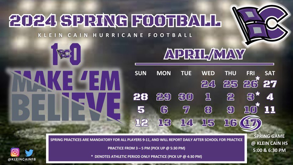 We are excited to #MAKEMBELIEVE this year! Spring practice starts Wednesday!Our @KLEINCAINFB staff is looking forward to hosting hundreds of college coaches who come to #RECRUITTHEREIGN !