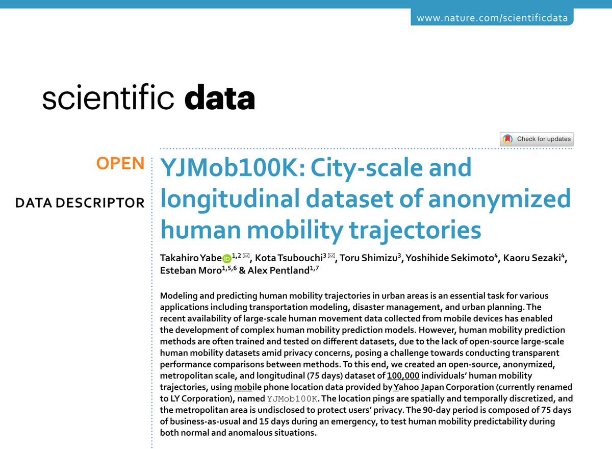📢 Dear colleagues working on human mobility modeling and prediction -- we are excited to announce a new open dataset of human mobility which contains city-scale, longitudinal, anonymized, 100,000 individual mobility trajectories. Scientific Data: nature.com/articles/s4159…