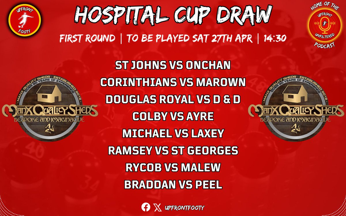 🏆 𝗛𝗢𝗦𝗣𝗜𝗧𝗔𝗟 𝗖𝗨𝗣 𝗗𝗥𝗔𝗪 🏆 The draw for the first round proper of the Manx Quality Sheds Hospital Cup has been made and can be found below now 👇 Ties to be played Sat 27th Apr | KO 14:30 @ManxSoccerSat @ManxFootyPod @Hatty1970 @IsleofManFA