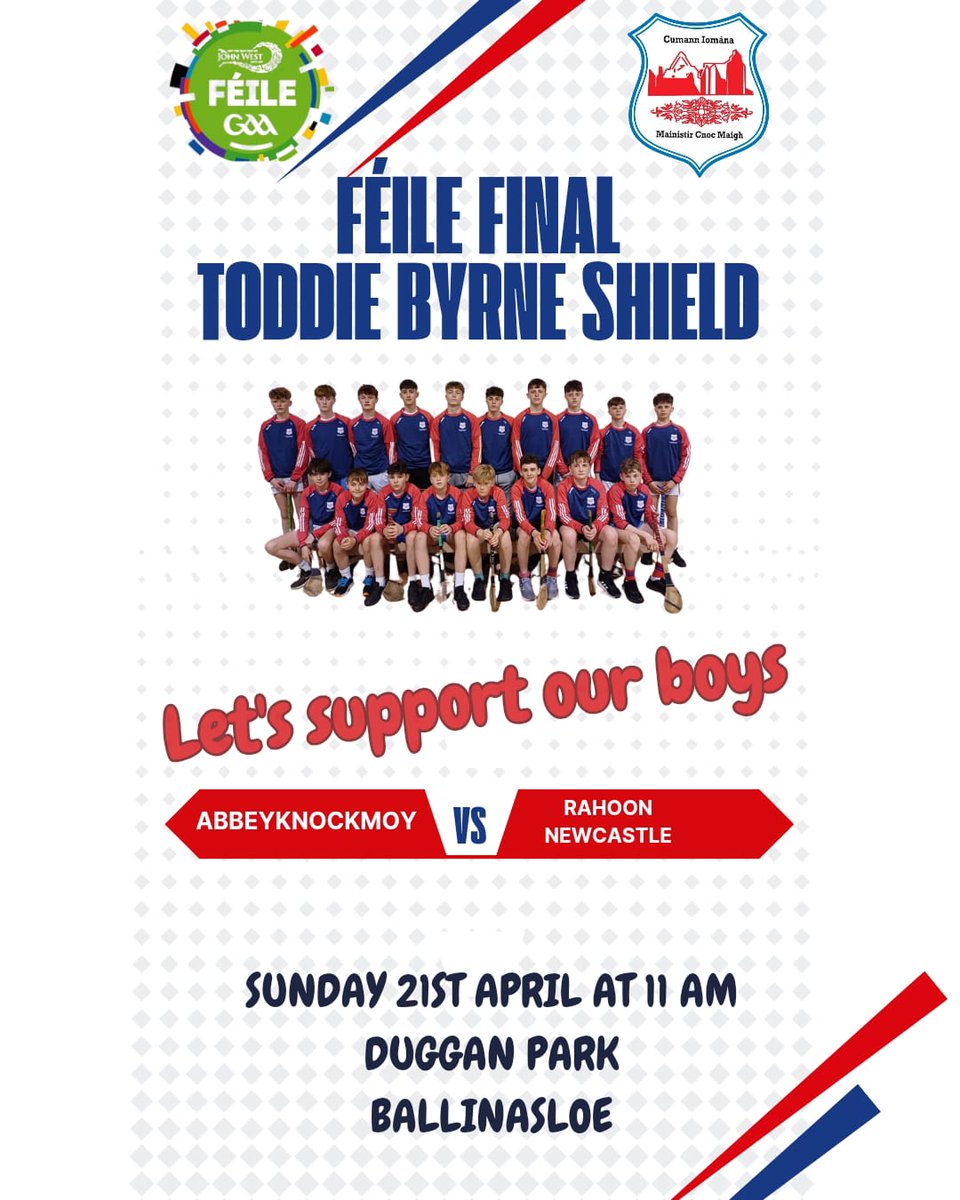 Well done the brilliant U15 hurlers from Abbeyknockmoy H.C. They are through to the Toddie Byrne Shield Final. This is a fantastic occasion for them and all support is greatly appreciated. Grab a coffee and hit for Duggan Park for 11am.@RahoonNewcastle @Galway_GAA @feilegaa