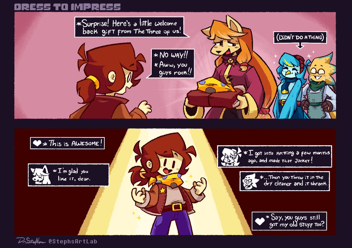 StephsArtLab's tweet image. 💛DRESS TO IMPRESS!✨

To commemorate their return, Clover is gifted a stylish new set of clothes from their friends, including some of their old stuff!

...well, emphasis on "some".
#utygoldenyears #UndertaleYellow #UndertaleAU