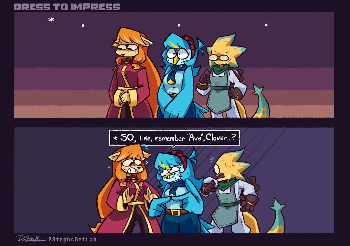 StephsArtLab's tweet image. 💛DRESS TO IMPRESS!✨

To commemorate their return, Clover is gifted a stylish new set of clothes from their friends, including some of their old stuff!

...well, emphasis on "some".
#utygoldenyears #UndertaleYellow #UndertaleAU