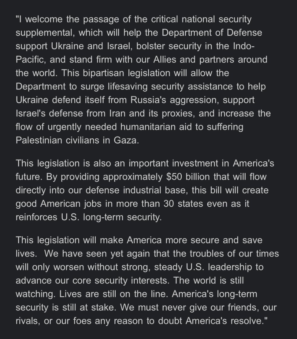 “The world is still watching. Lives are still on the line. America's long-term security is still at stake,” @SecDef says in statement on House passing the national security supplemental.