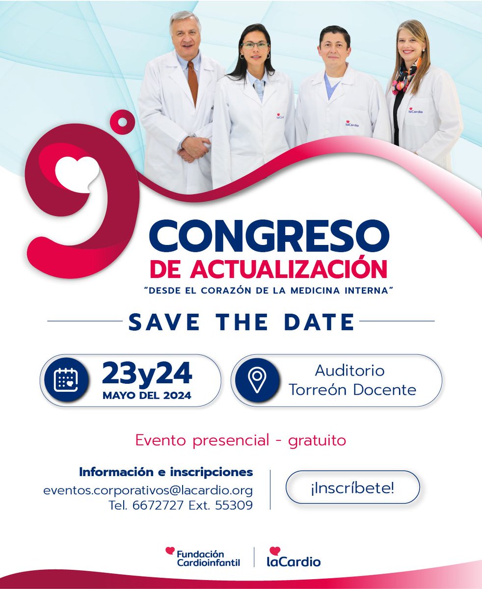 fcardioinfantil's tweet photo. Te esperamos en el 9° congreso de actualización desde el corazón de la medicina interna el próximo jueves 23 y viernes 24 de mayo. 

INSCRÍBETE AQUI: https://t.co/Qdm3CtlKq1
Más información 💌
eventos.corporativos@lacardio.org

#Eventos #Cardiologia https://t.co/5itzCsPDpy