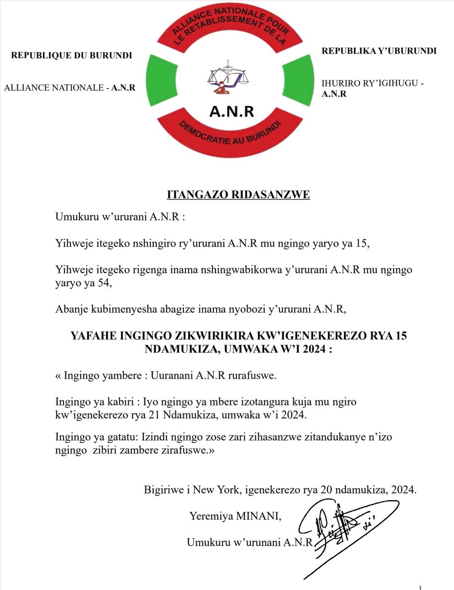 AllianceAnr's tweet photo. « Article 1 :Il est mis fin aux activités de l’Alliance Nationale pour le Rétablissement de la Démocratie au Burundi. 
Article 2 :Cette décision entre en vigueur le 21 Avril 2024.
Article 3 :Toute autre décision antérieure contraires aux pressentes décisions 
est annulée .» https://t.co/GntP9ghDnr
