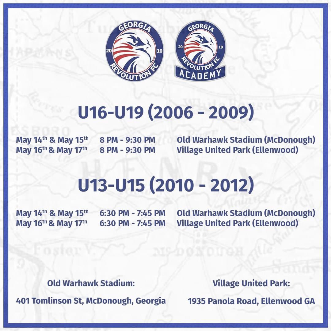 Ga_Revolution's tweet photo. Save The Date! 2024-2025 Tryouts for our Revs Academy! 🦅⚽️ 
For more information, go to our website: https://t.co/yUJAQAem7n #UpTheRevs 🔴⚪️🔵 #RevsAcademy https://t.co/GL7iAUFNzU