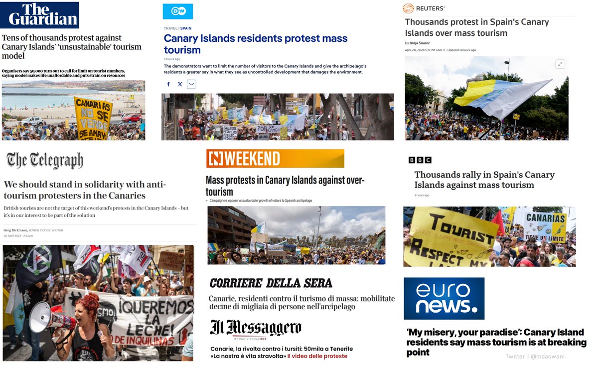🌐 La prensa internacional se hace eco de las manifestaciones masivas de Canarias ✍️ Muy recomendable lectura en @Telegraph: «Deberíamos solidarizarnos con los que protestan porque su diana no eran los turistas, una solución nos conviene a todos» #20A #CanariasTieneUnLimite