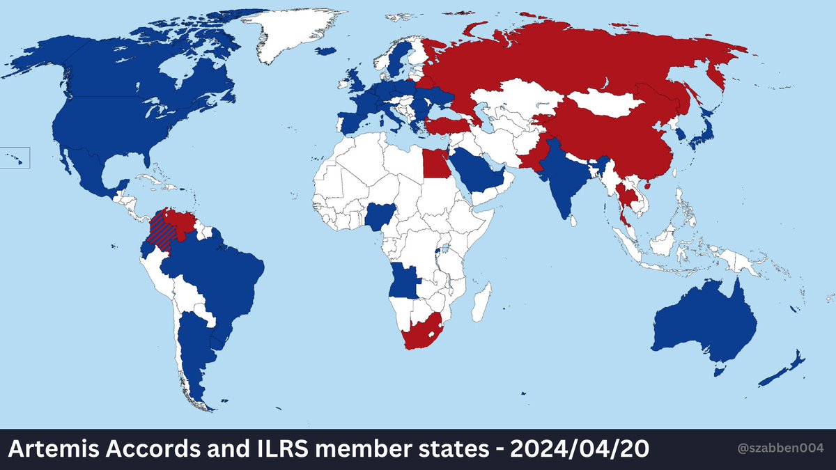 This week was exceptionally busy regarding the #ArtemisAccords with three new countries joining the US-led lunar exploration project. Here's a map showing the 🇺🇸 Artemis Accords (blue) and 🇨🇳 International Lunar Research Station (red) member states:
@SpacejunkieH @NASAArtemis