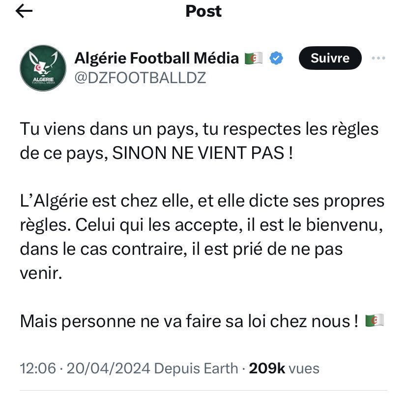 Algérie Football Média a un message pour nous les Français ! Merci @DZFOOTBALLDZ pour votre rigueur. On tente de faire pareil en France mais certains veulent qu’on change nos règles. On fait quoi ? Merci pour votre conseil 🙏 ;-)😉 #123VivalAlgerie 🇩🇿