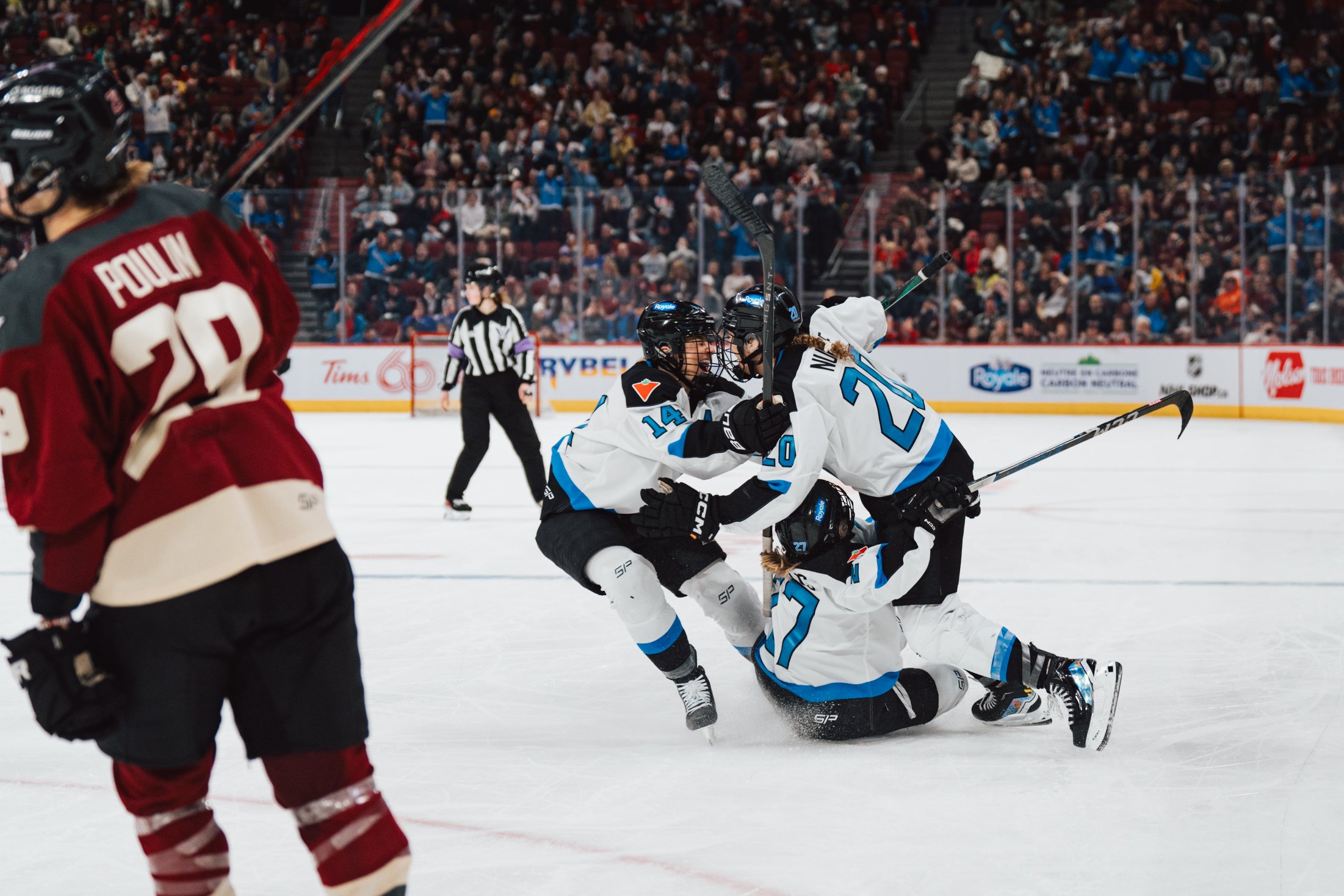 Nurse and teammates fall to the ice celebrating her OT goal. 