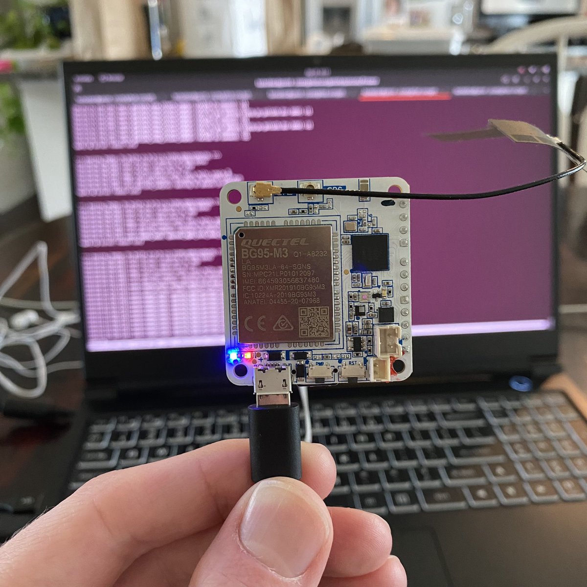 Some weekend hacking with @GoliothOfficial’s newest verified board, the @RAKwireless 5010, which includes a @Quectel_IoT BG95 (@Qualcomm 9205 modem) and @NordicTweets nRF52840 👀