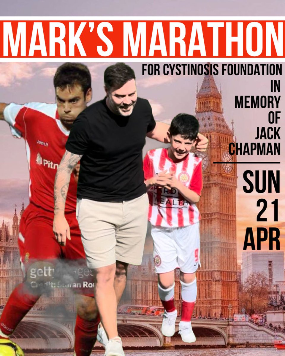 TOMORROW is the day former Mark Taylor runs the London Marathon for the Cystinosis Foundation, in memory of Danny Chapman’s son Jack who passed away from Cystinosis aged 18 months. We are asking for any more donations, they are hugely appreciated! buff.ly/3U6Ap9G