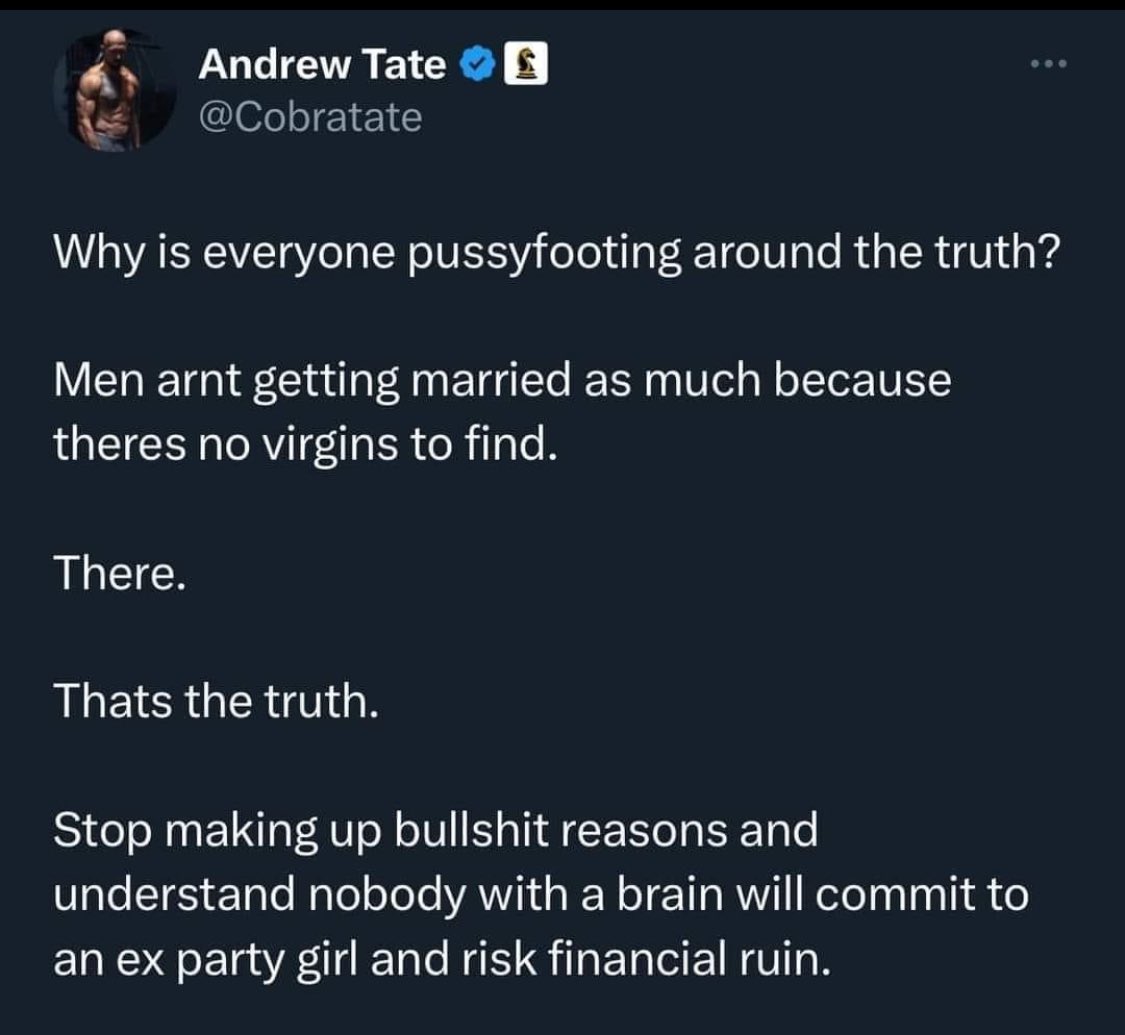 I had my daughter from a previous marriage when I started dating my husband. Our income increased dramatically since we met. We own a house. We have a daughter together and he is an amazing step father to my oldest. Me and my hubby still party. Sounds like Tate’s just a bitch. 🤭