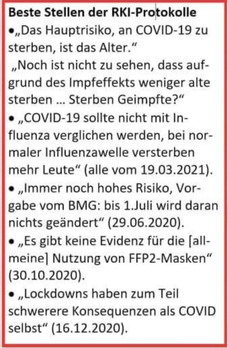 Ein paar Zitate aus den RKI-Protokollen. Macht Euch selbst einen Reim darauf, warum es die harten Maßnahmen und fast eine allgemeine Impfpflicht gab.