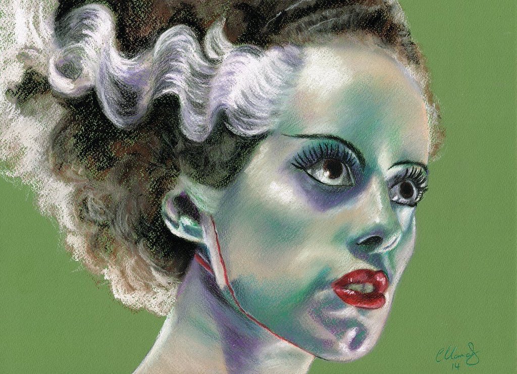 Still beautiful after all these years. THE BRIDE OF FRANKENSTEIN - starring Elsa Lanchester - premiered on this day in 1935. Soft pastel artwork. 💚 #brideoffrankenstein #horror #horrorart #universalmonsters #art
