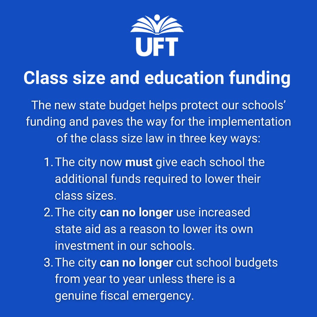 UFT's tweet photo. State lawmakers sided with us against the mayor’s reckless budget cuts and the city’s resistance to implementing the class size law. The new state budget protects school funding and sets strict parameters that will push forward the class size law. https://t.co/TRpVXFBb5L