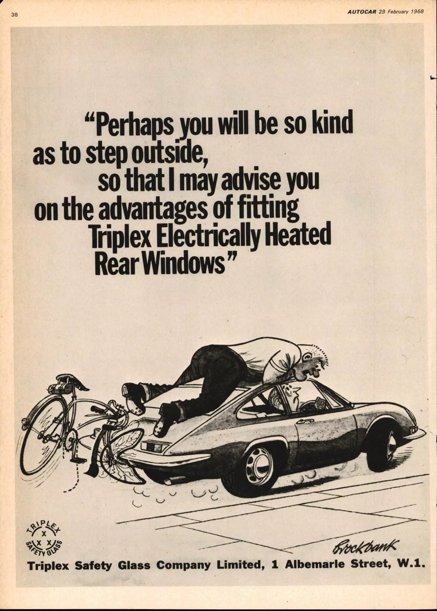 Factoid Extra: Of the numerous attempts to push heated rear windows during the ‘60s, the Triplex ads featuring cartoons by the great Russell Brockbank are my personal favourite by a long, long way… @neilmbriscoe @t2stu @DarraghMcKenna @TopOfTheTower @StvCr