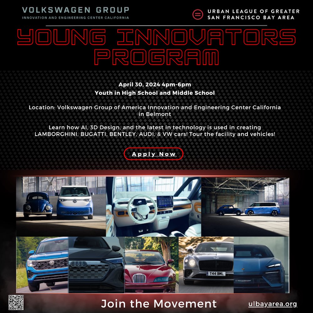 We are excited to offer this fantastic  experience to our Kids Teach Tech community through our partnership with Urban League of Greater San Francisco Bay Area! Apply here to tour the VW Innovation Center! 

Apply today: airtable.com/appPRJasSPxIwX…