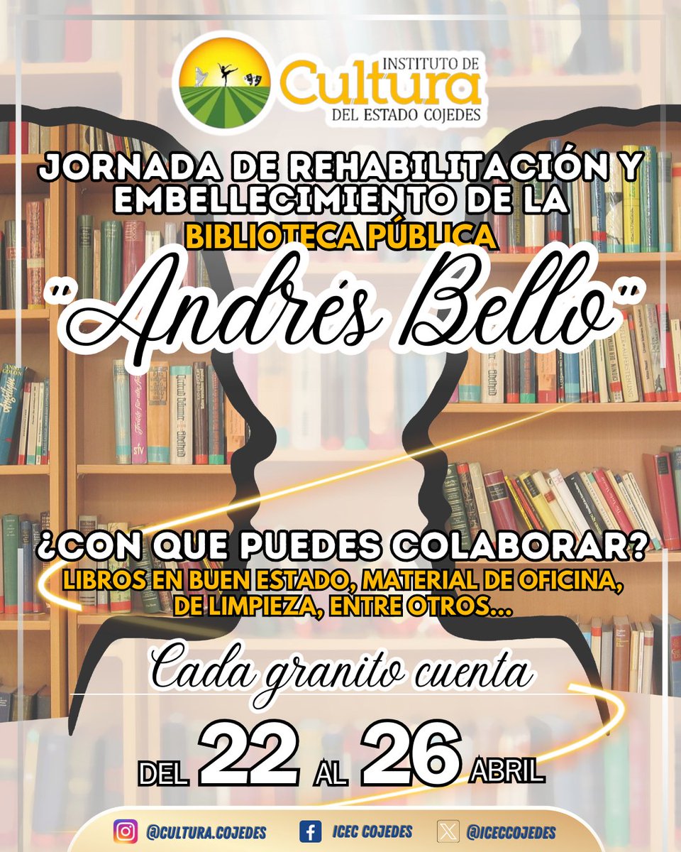 iceccojedes's tweet photo. Desde el lunes #22Abril hasta el #26abril se estará llevando a cabo una 𝗝𝗼𝗿𝗻𝗮𝗱𝗮 𝗱𝗲 𝗥𝗲𝗵𝗮𝗯𝗶𝗹𝗶𝘁𝗮𝗰𝗶𝗼́𝗻 𝘆 𝗘𝗺𝗯𝗲𝗹𝗹𝗲𝗰𝗶𝗺𝗶𝗲𝗻𝘁𝗼 de la Biblioteca Pública "𝗔𝗻𝗱𝗿𝗲́𝘀 𝗕𝗲𝗹𝗹𝗼" de la ciudad de San Carlos. 📚 https://t.co/CgXQwANYkN