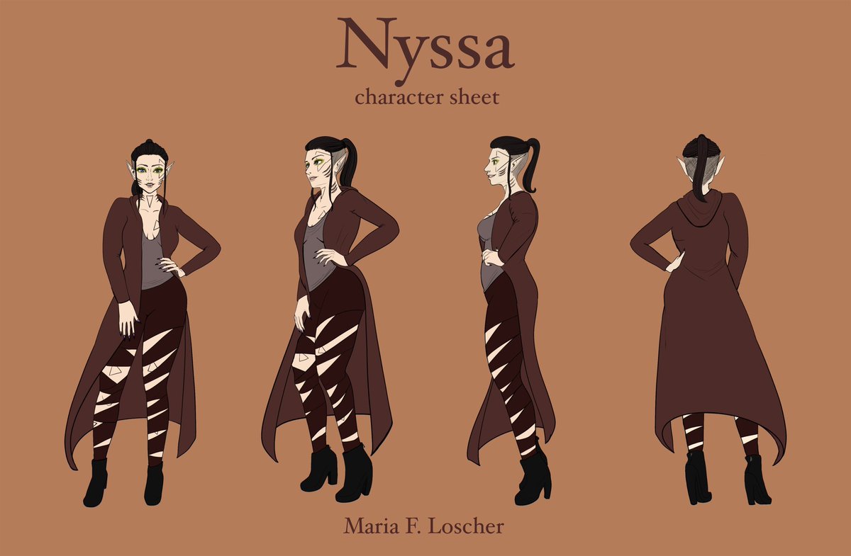 A character sheet and illustration - both part of a character design commission for <a href="/HypatiasAngst/">Sean [RIFTS vs. YU-GI-OH] Richer #zinequest</a>! Her name is Nyssa, I’m so thankful to Sean for trusting me with the task of designing her from scratch! 
#ArtForHire #ArtCommission #CharacterDesign #OpenForCommission #ConceptArt