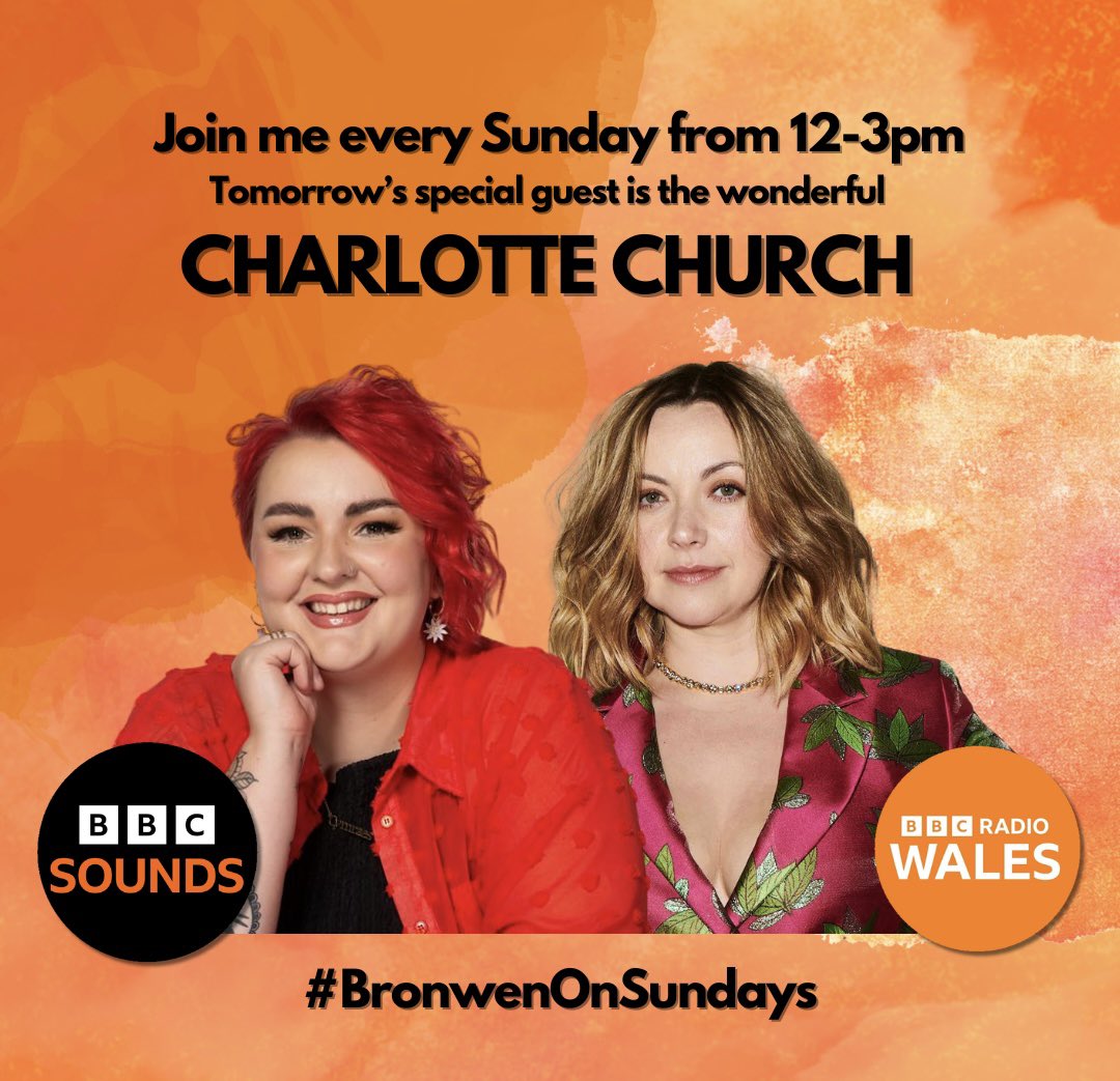 Join me from midday tomorrow on @BBCRadioWales & @BBCSounds when my guest will be the wonderful @charlottechurch 🧡 Get in touch with any shout outs or dedications now by emailing bronwen@bbc.co.uk 💌
