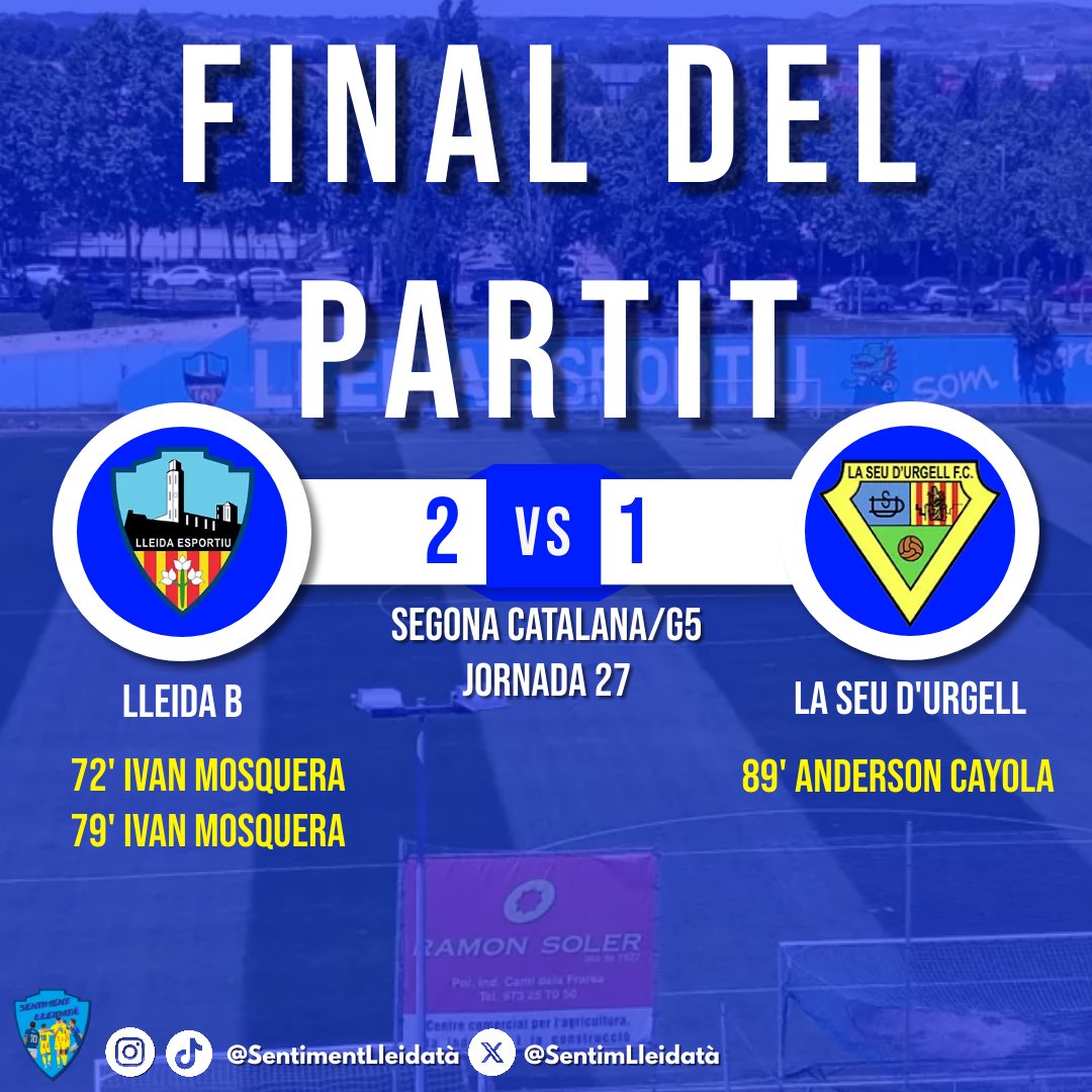 📣Final del partit a Gardeny‼️

✅😍 El Lleida B torna a la victòria en un partit on li ha costat obrir la llauna davant La Seu d'Urgell

💙🙌 Seguim, Nois!
#LleidaB #BaseBlava #BlaualCor #AraOMai