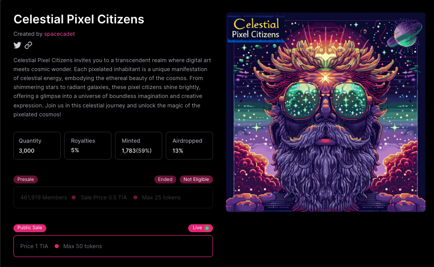 PlanZ_NFT's tweet photo. Celestial Pixel Citizens is now 🔥LIVE🔥 on the Public Phase on @StargazeZone✨

Mint Price: 1 TIA
Total Supply: 3000
💫Mint a Citizen💫https://t.co/6HoXECxFkO https://t.co/rOWvE88rug