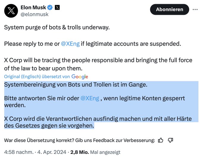 @Spitze_Zunge_ @DerGanesha @_Kurt_C_Hose_ Beschwerden bzgl. ungerechtfertigter Sperrungen gehen an @elonmusk und @xeng!