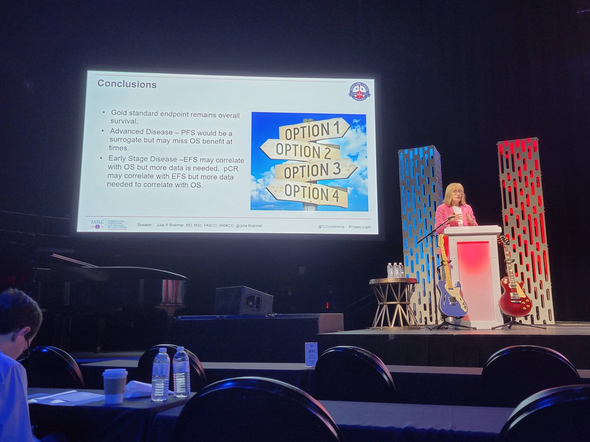 Immunotherapy grandmaster, mentor and friend Dr. @JulieBrahmer discusses trial endpoints in IO clinical trials in NSCLC at #TexasLung24 including surrogate endpoints for survival. Can we use pathologic response outcomes to guide Rx decision-making? More and mature data needed.