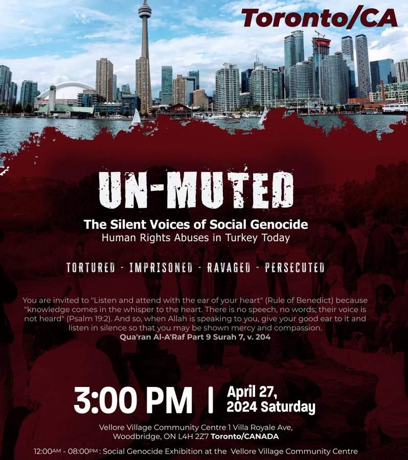 Announced by @silencedturkey, #Toronto, CA will be the next city to host 'UN-MUTED' -The Silent Voices of Social #Genocide will at the Vellore Community Center on April 27th. The event will focus on the #HumanRights abuses in today's #Turkey