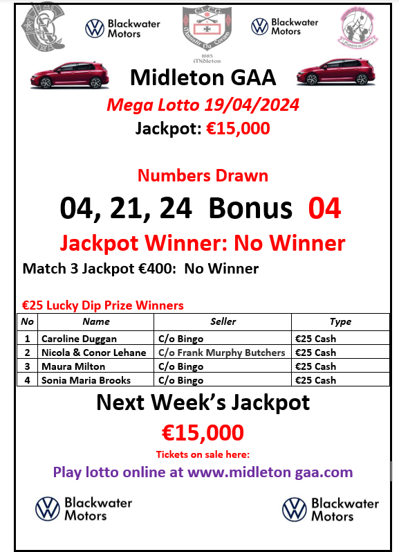 This week's lotto results. No jackpot or match three winner. Well done to our lucky dip winners and thanks to everyone who supports our lotto. It's much appreciated. Remember you can play anytime at: klubfunder.com/Clubs/Midleton……… @MidletonCamogie @midleton_LGFA