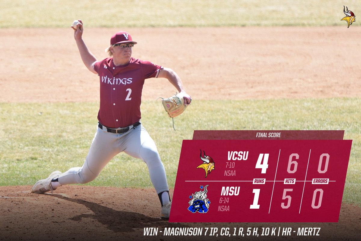 Hunter Magnuson pitches a CG today in game 1 as VCSU baseball defeats Mayville, 4-1. 

Dustin Mertz with a 3-run HR for VCSU.
#VikingPride