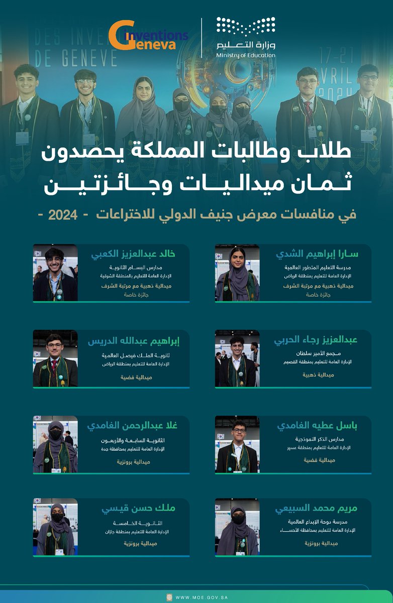 moe_gov_sa's tweet photo. بـ 8 ميداليــات وجـائزتـين 🏅🇸🇦

طلاب وطالبات المملكة يتألقون في معرض جنيف الدولي للاختراعات.

⁧#الاختراعات_السعودية⁩ 
#InventionsGeneva https://t.co/BJe5jUntS0