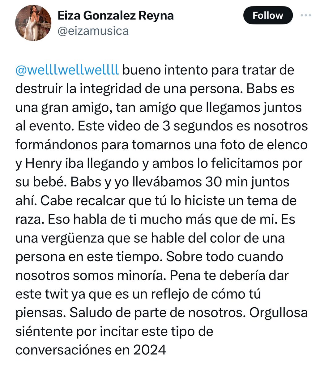 “Eiza”: Por la respuesta de Eiza González a @welllwellwellll por su tweet en el que la acusó de racista.