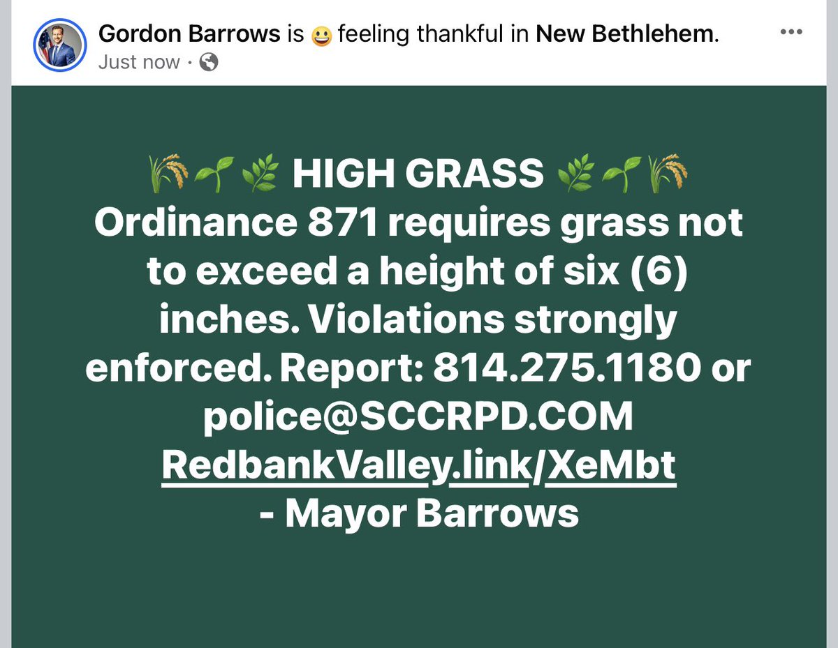 GordonBarrows's tweet photo. 🌾🌱🌿 HIGH GRASS 🌿🌱🌾  Ordinance 871 requires grass not to exceed a height of six (6) inches. Violations strongly enforced. Report to 814.275.1180 or police@SCCRPD.COM https://t.co/OkWRWJ3FLz -Mayor Barrows

#HighGrass #LawnMaintenance #NewBethlehem #RedbankValley https://t.co/YXFQ1jfcql