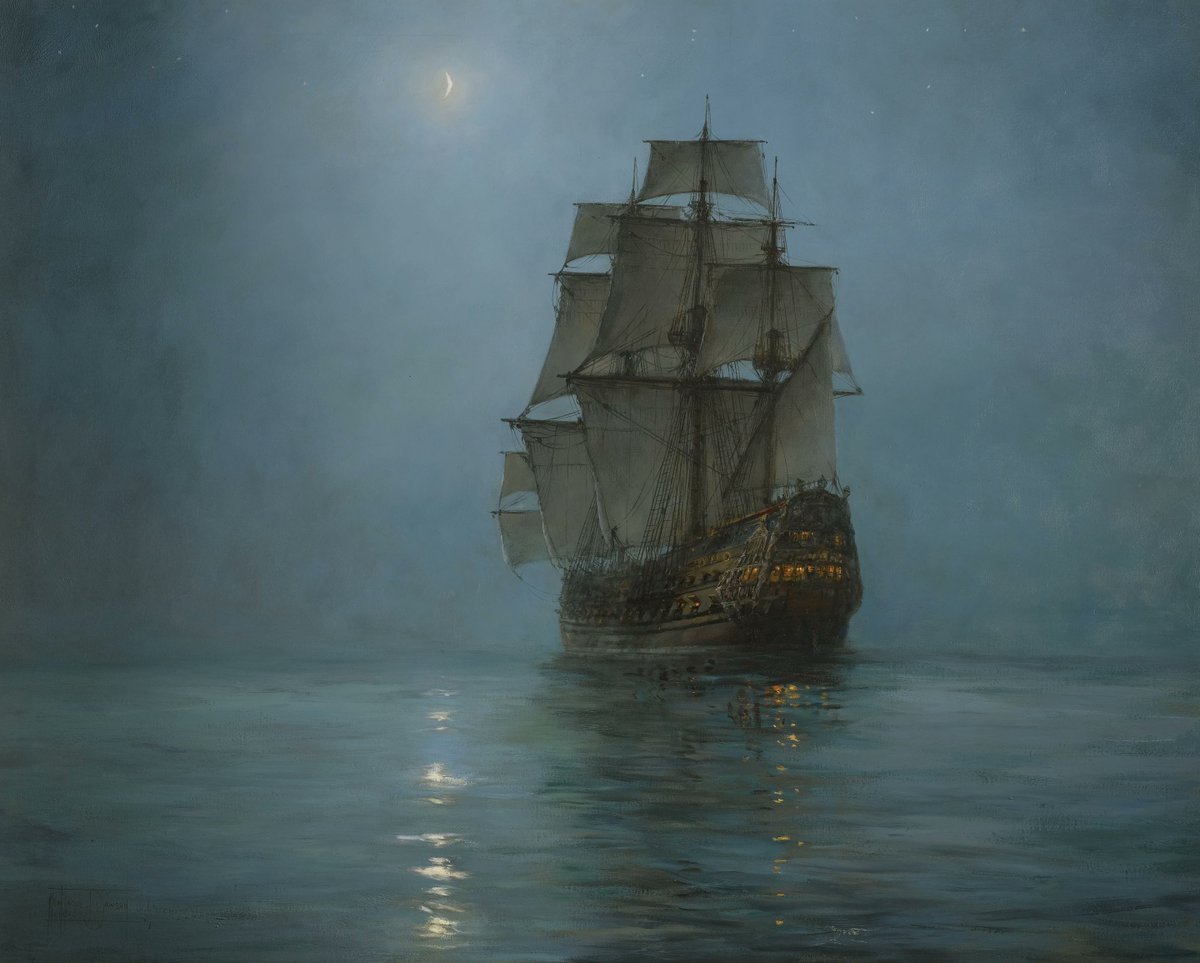 Montague Dawson, The Crescent Moon (1895-1973). In 2011, this exceptional piece of art sold at Sotheby's for just £139,250 British pounds, or $172,238 dollars! #EnglishArt #MarineArt