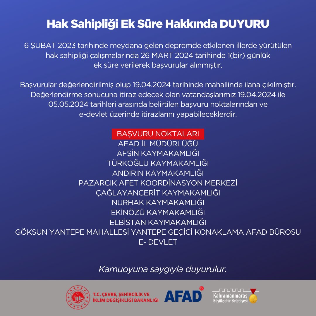 Hak Sahipliği Ek Süre Hakkında-DUYURU 📢 6 ŞUBAT 2023 tarihinde meydana gelen depremde etkilenen illerde yürütülen hak sahipliği çalışmalarında 26 MART 2024 tarihinde 1(bir) günlük ek süre verilerek başvurular alınmıştır. Başvurular değerlendirilmiş olup 19.04.2024 tarihinde